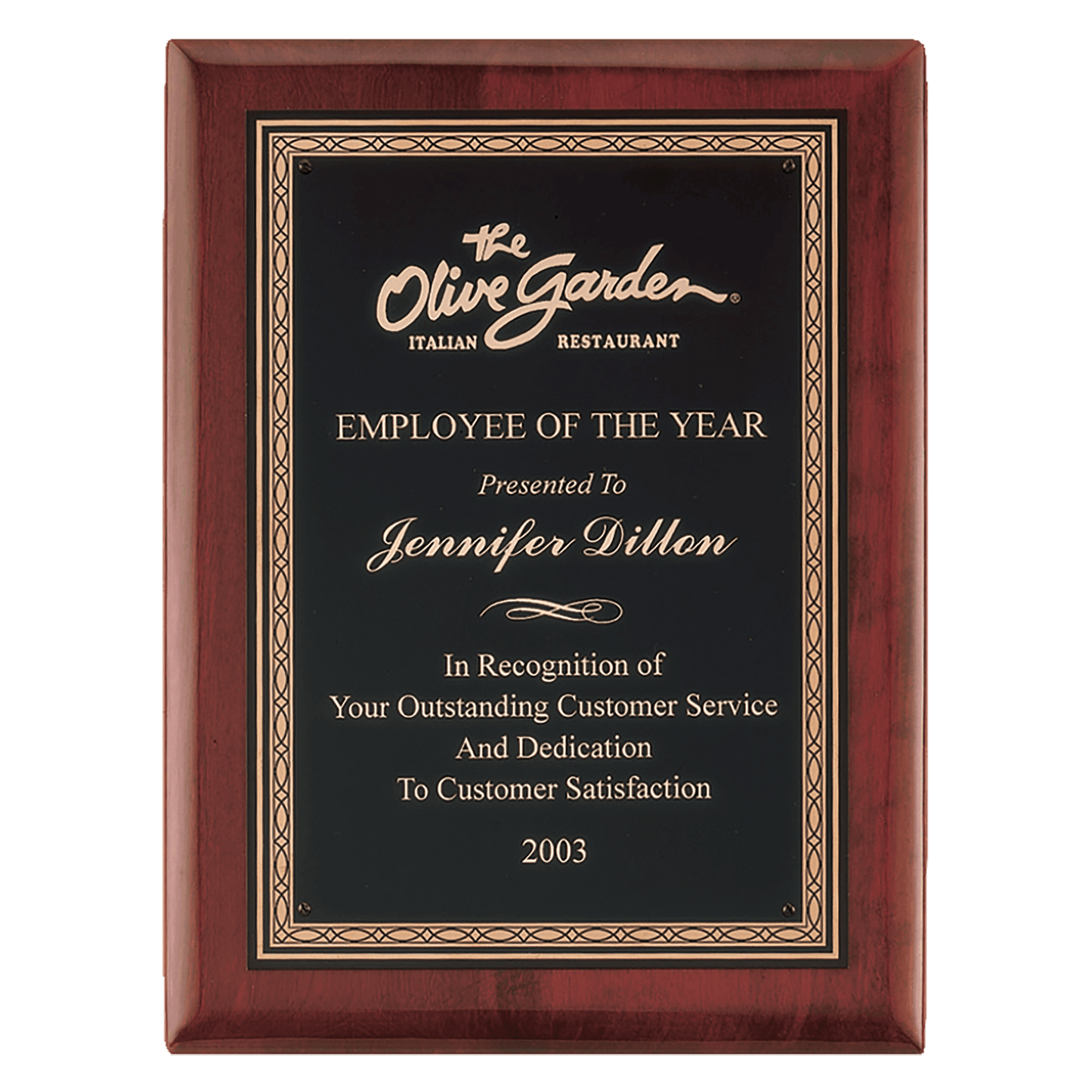 Rosewood Piano finish Plaque with gold braided border. Available in 4 sizes.