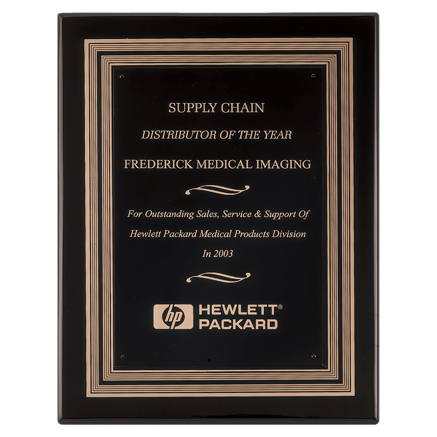 11"x14" Black piano finish plaque with antique bronze plated metal frame casting