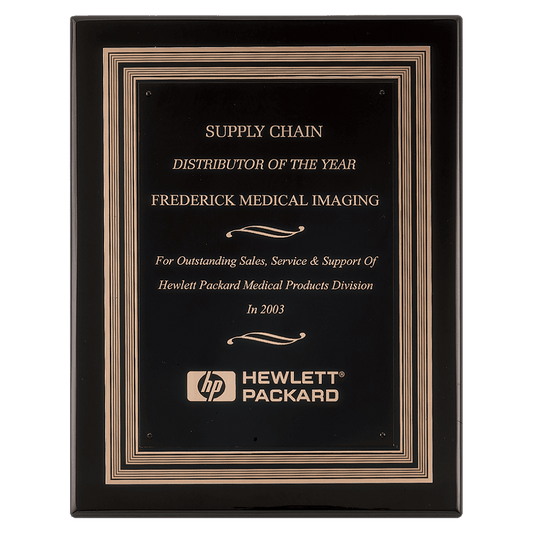 11"x14" Black piano finish plaque with antique bronze plated metal frame casting