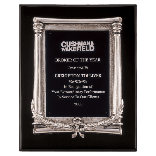 10.5"x13" Black piano finish plaque with an antique silver finished frame with columns and black aluminum engraving plate