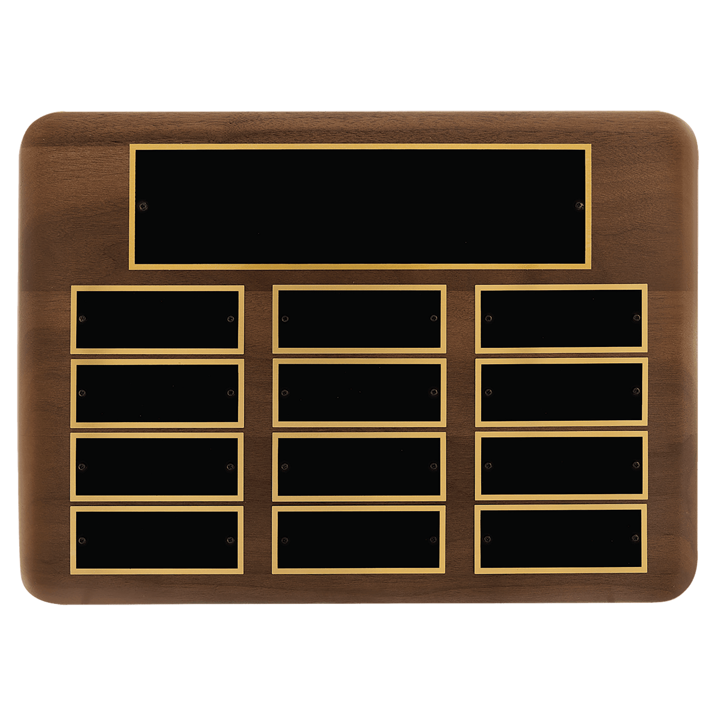 Solid American walnut perpetual plaque with individual black brass plates are 1.50"x3.75". Available in 5 plate combinations.