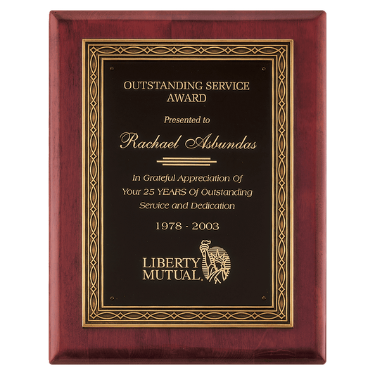 11"x14" Rosewood stained piano finish plaque with an antique bronze finished frame casting and black brass engraving plate