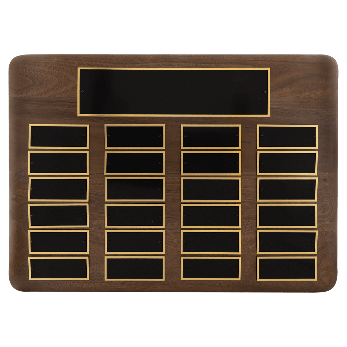 Solid American walnut perpetual plaque with individual black brass plates are 1.50"x3.75". Available in 5 plate combinations.