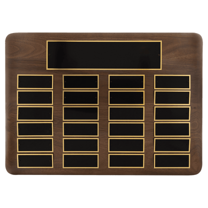 Solid American walnut perpetual plaque with individual black brass plates are 1.50"x3.75". Available in 5 plate combinations.