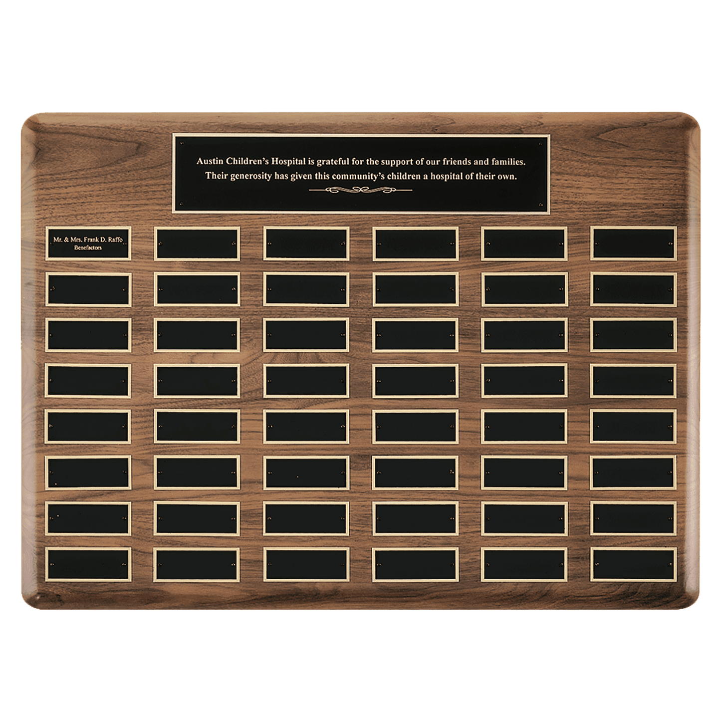 Solid American walnut perpetual plaque with individual black brass plates are 1.50"x3.75". Available in 5 plate combinations.