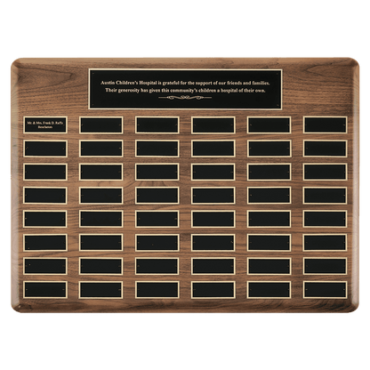 Solid American walnut perpetual plaque with individual black brass plates are 1.50"x3.75". Available in 5 plate combinations.