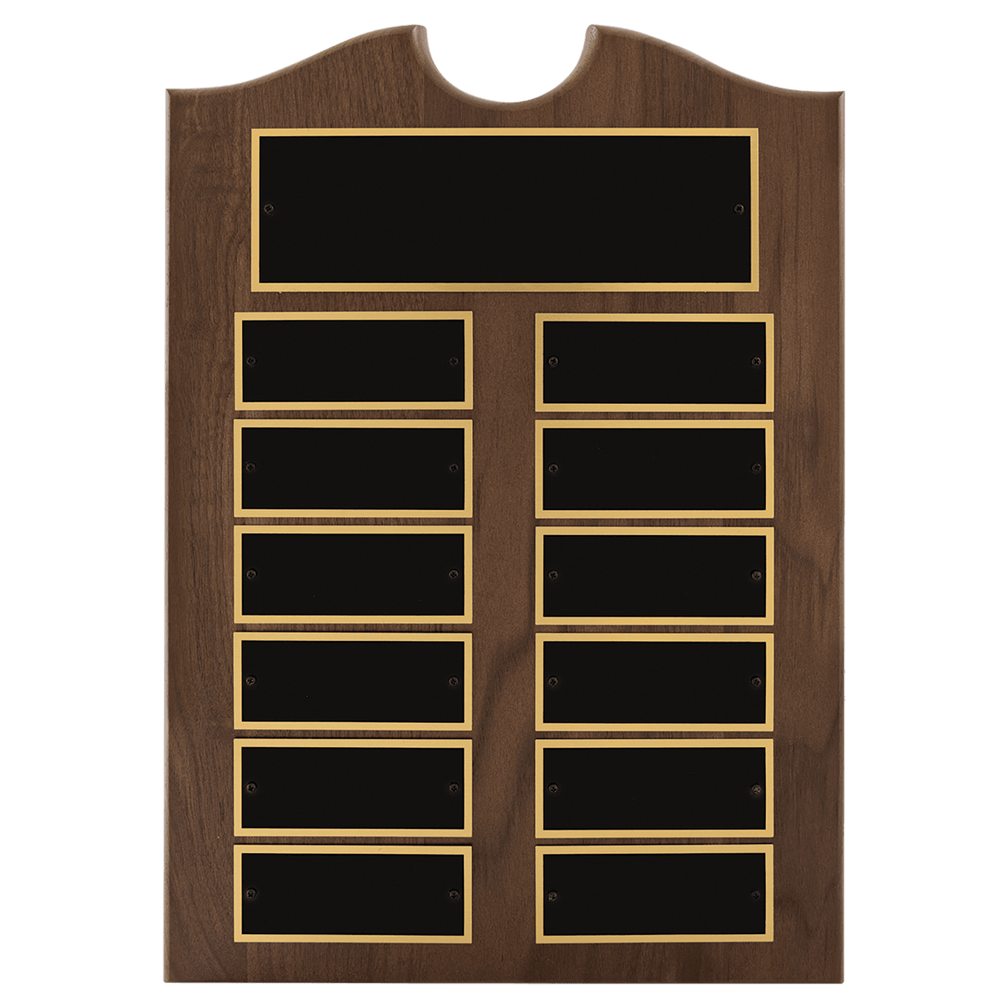 Roster series Traditional American walnut perpetual plaque with notched center top with individual black brass plates are 1.50"x3.75". Available in 4 sizes.