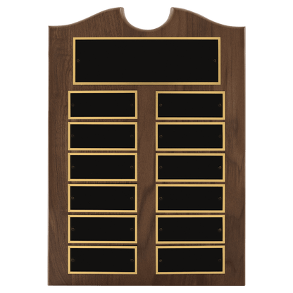Roster series Traditional American walnut perpetual plaque with notched center top with individual black brass plates are 1.50"x3.75". Available in 4 sizes.