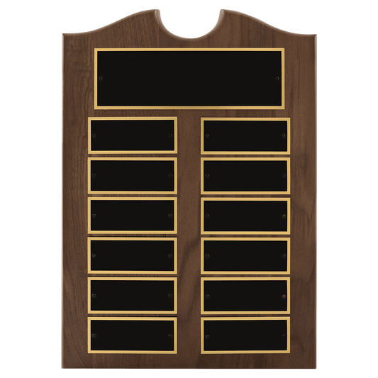 Roster series Traditional American walnut perpetual plaque with notched center top with individual black brass plates are 1.50"x3.75". Available in 4 sizes.