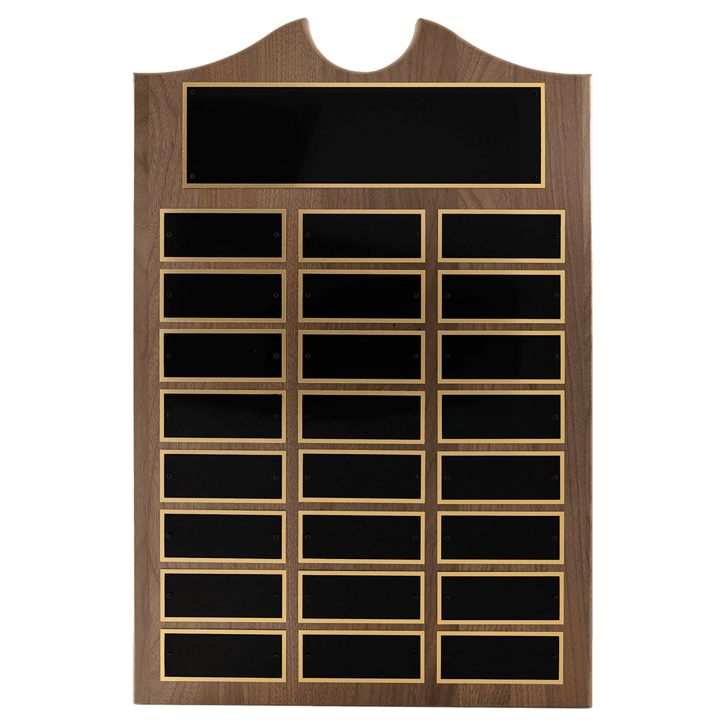 Roster series Traditional American walnut perpetual plaque with notched center top with individual black brass plates are 1.50"x3.75". Available in 4 sizes.