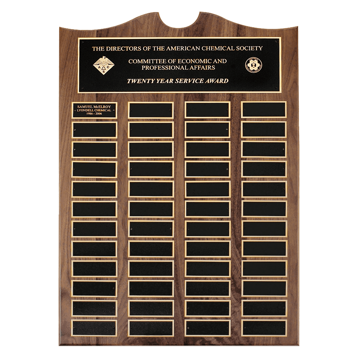 Roster series Traditional American walnut perpetual plaque with notched center top with individual black brass plates are 1.50"x3.75". Available in 4 sizes.