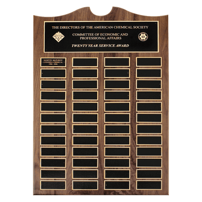 Roster series Traditional American walnut perpetual plaque with notched center top with individual black brass plates are 1.50"x3.75". Available in 4 sizes.