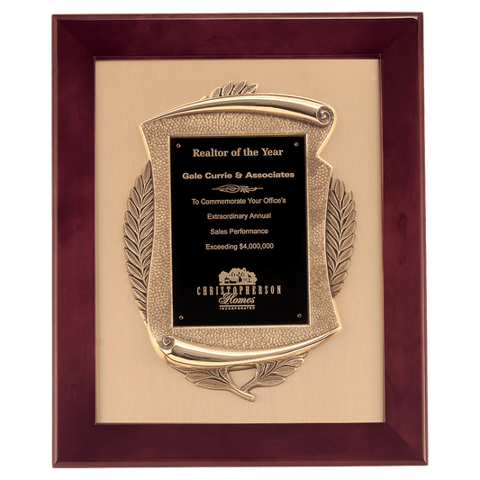 14"x17" Rosewood stained piano finish  frame with antique bronze scroll casting with black brass plate on brush gold metal background