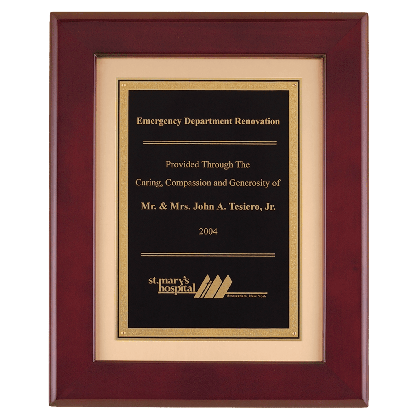 12"x15" Rosewood stained piano finish frame with black brass engraving plate on brush gold metal background