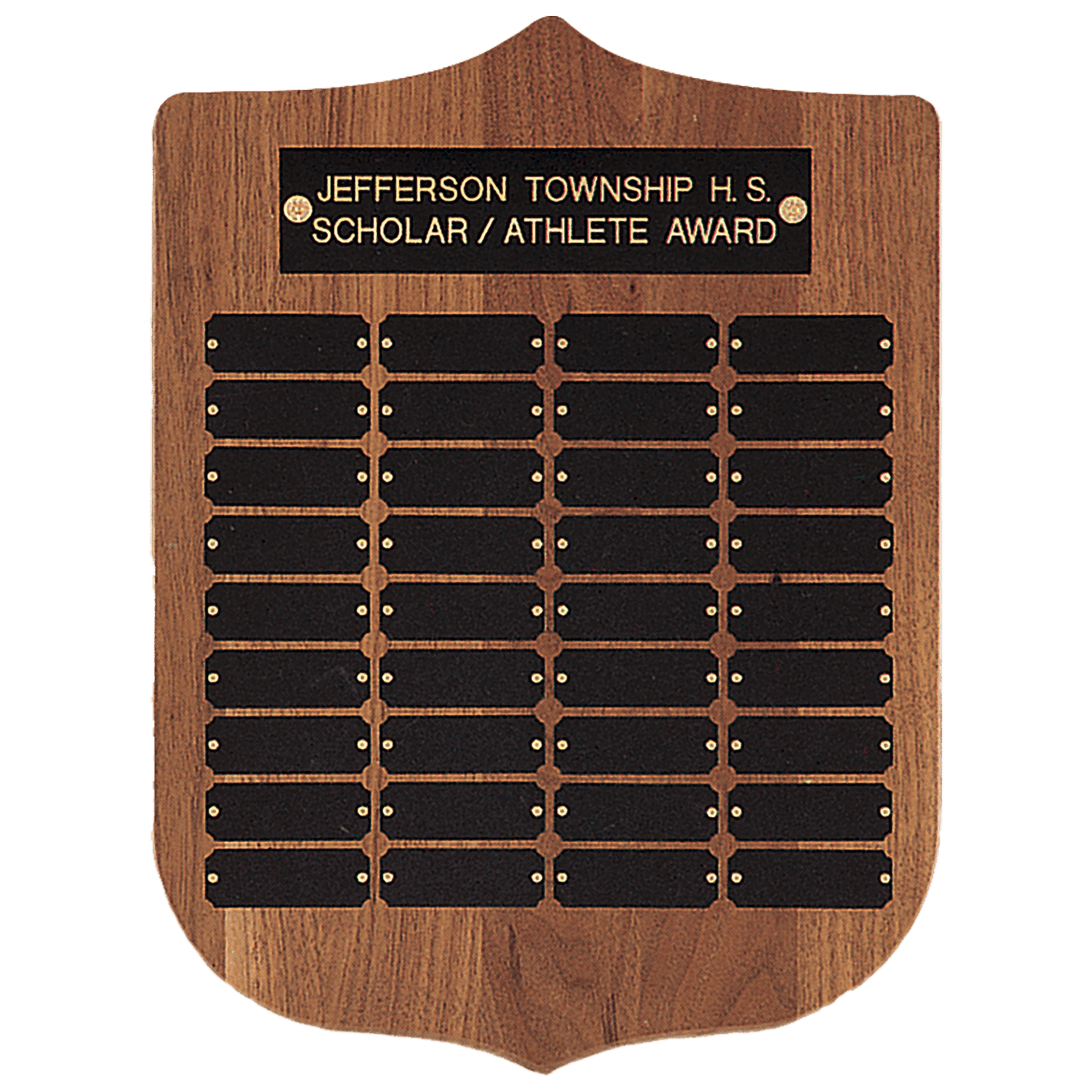 12"x15" 36 plates walnut shield style perpetual plaque Individual black brass plates are 7/8" x 2-1/2