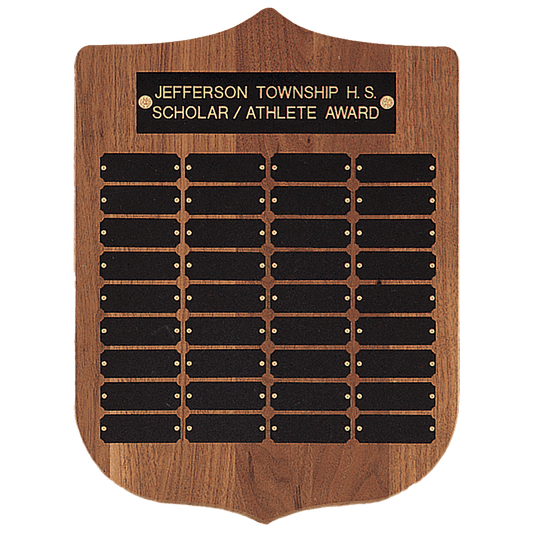 12"x15" 36 plates walnut shield style perpetual plaque Individual black brass plates are 7/8" x 2-1/2