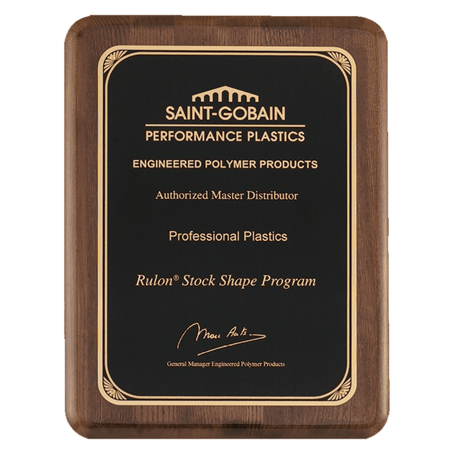 Walnut Piano finished Rounded Corners Plaque with Laser Engravable Gold Sunburst design Black Brass plate. Available in 3 sizes.