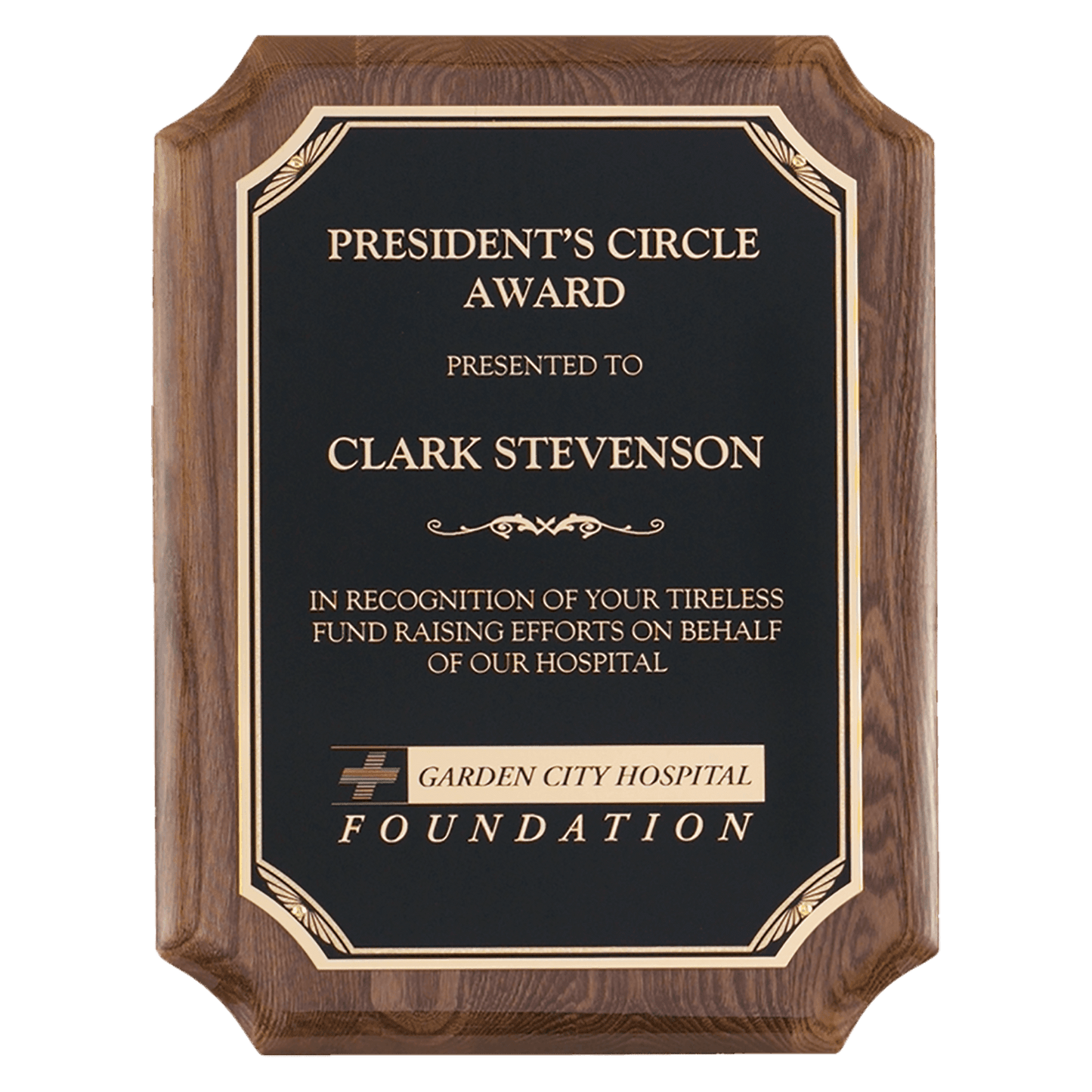 Walnut Piano finished Notched Corners Plaque with Laser Engravable Gold Sunburst design Black Brass plate. Available in 3 sizes.