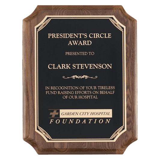 Walnut Piano finished Notched Corners Plaque with Laser Engravable Gold Sunburst design Black Brass plate. Available in 3 sizes.