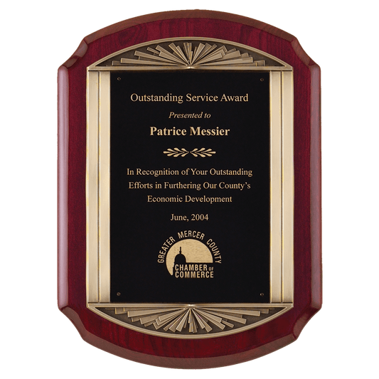 11"x15" Rosewood stained piano finish plaque with an antique bronze finished frame sun bursting top and bottom casting and black brass engraving plate.