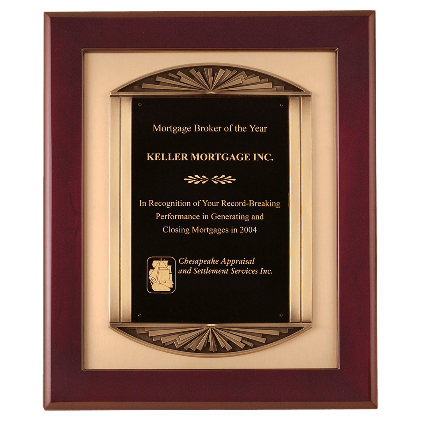 14"x17" Rosewood stained piano finish frame with an antique bronze finished frame sun bursting top and bottom casting and a black brass engraving plate on brush gold metal background