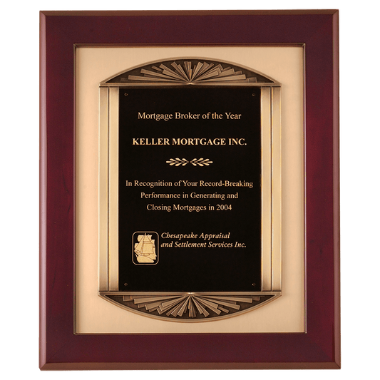 14"x17" Rosewood stained piano finish frame with an antique bronze finished frame sun bursting top and bottom casting and a black brass engraving plate on brush gold metal background