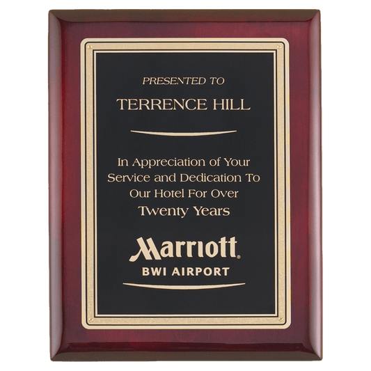 Rosewood piano plaque with black brass plate with gold Florentine border. Available in 4 sizes.