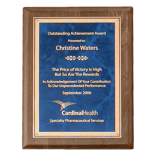 Walnut paino finished plaque featuring a blue marble plate with gold florentine border. Available in 3 sizes.