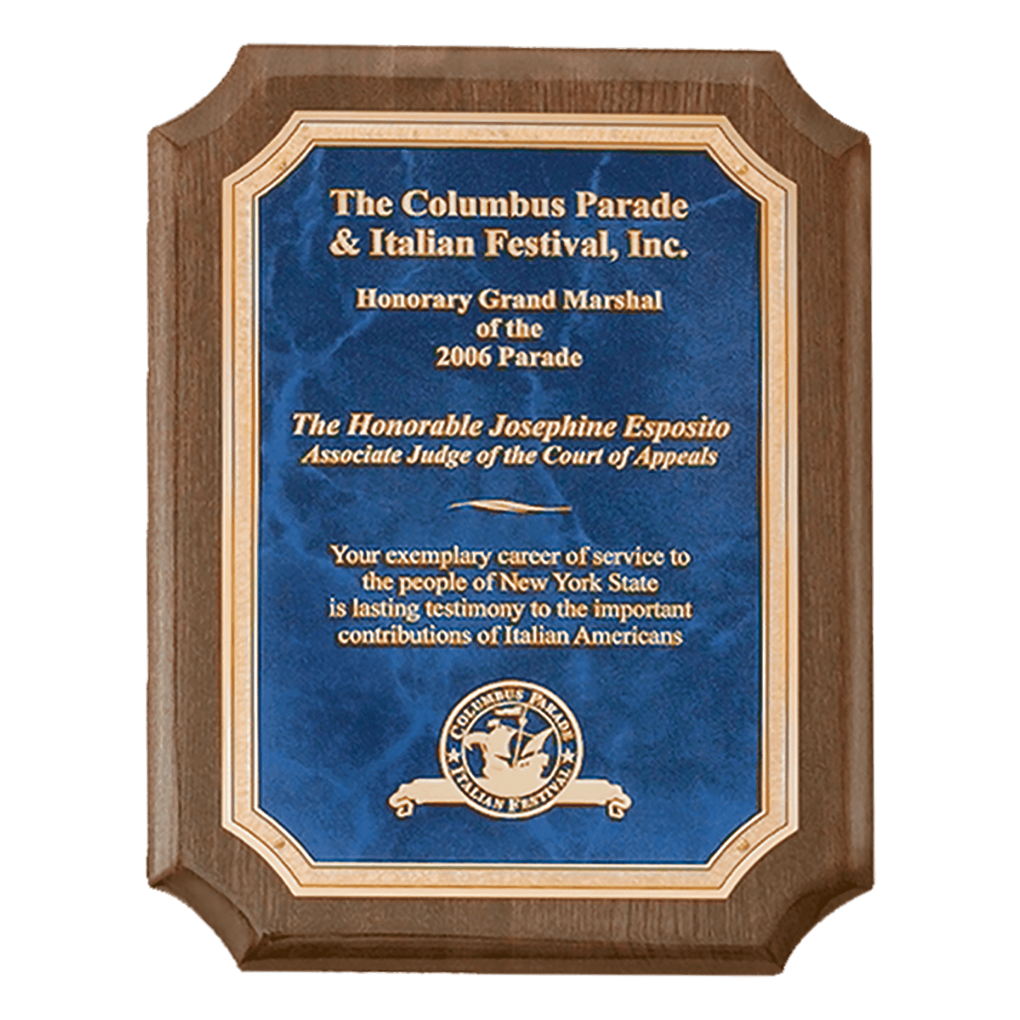 Walnut paino finished plaque with notched corners featuring a blue marble plate with gold florentine border. Available in 3 sizes.