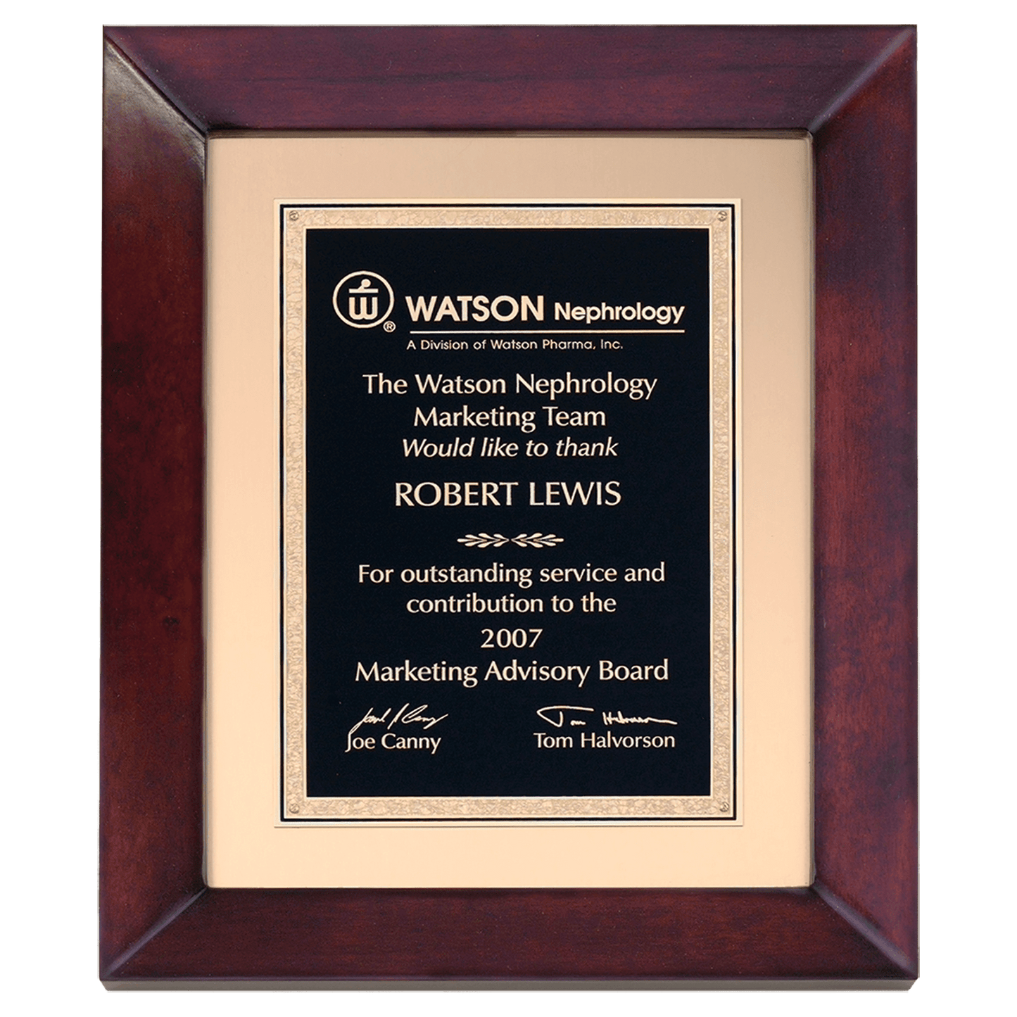 12"x15" Cherry Frame with black and gold florentine plate on brushed metal gold background.