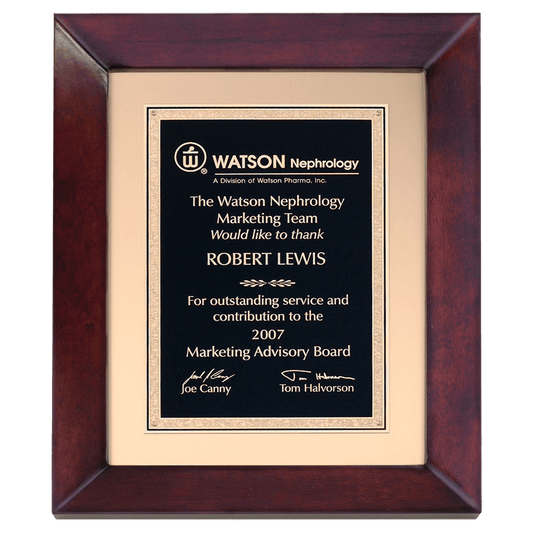 12"x15" Cherry Frame with black and gold florentine plate on brushed metal gold background.