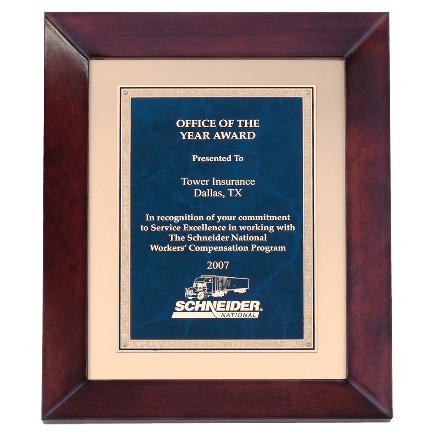 12"x15" Cherry finish frame plaque with blue marble plate with gold florentine borderer on a brushed metal gold background