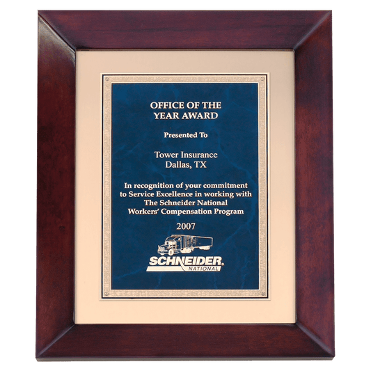 12"x15" Cherry finish frame plaque with blue marble plate with gold florentine borderer on a brushed metal gold background