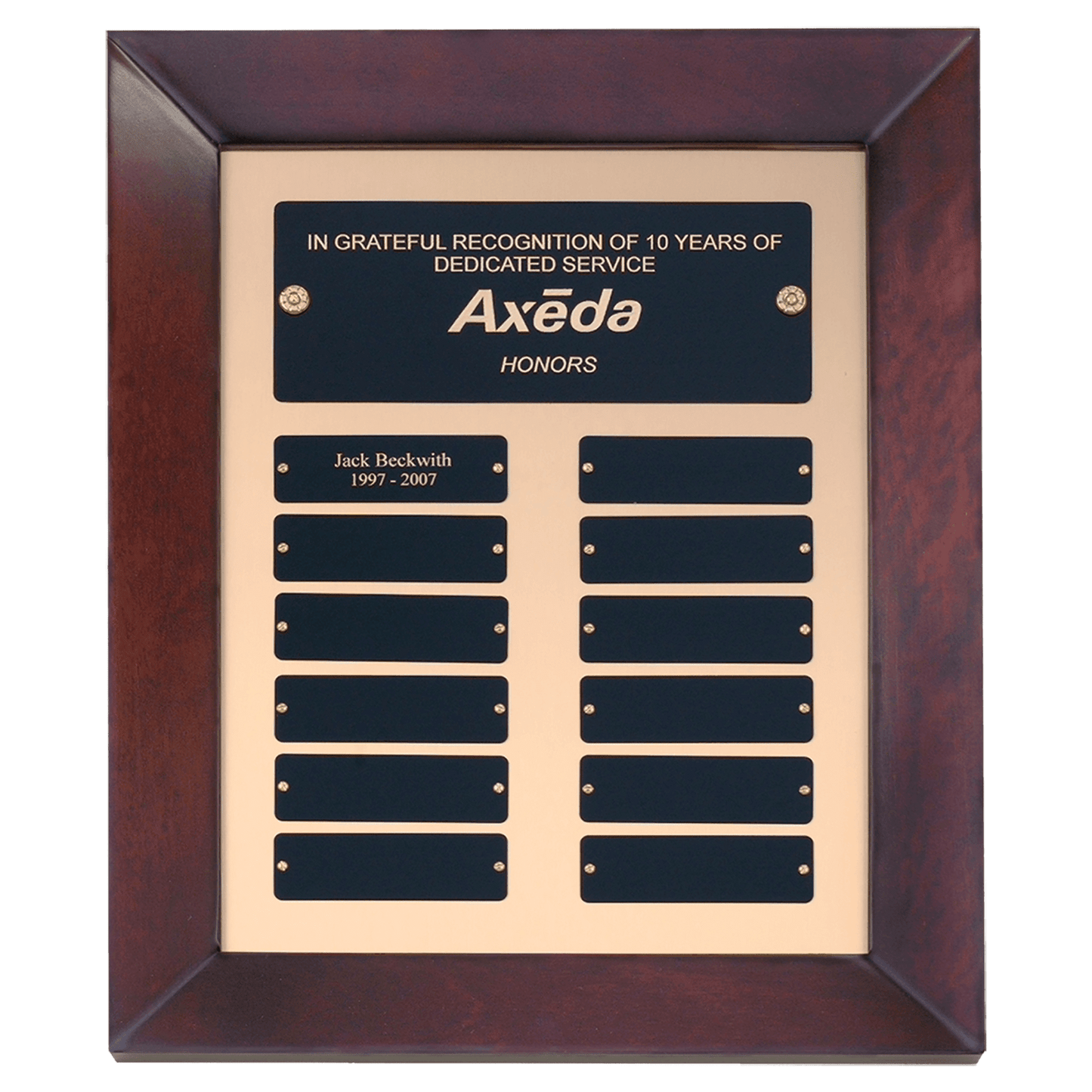 12"x15" Cherry Frame with 12 Individual Black Brass Plates, Gold Back plate, Indivdual Plates 1"x3.25"