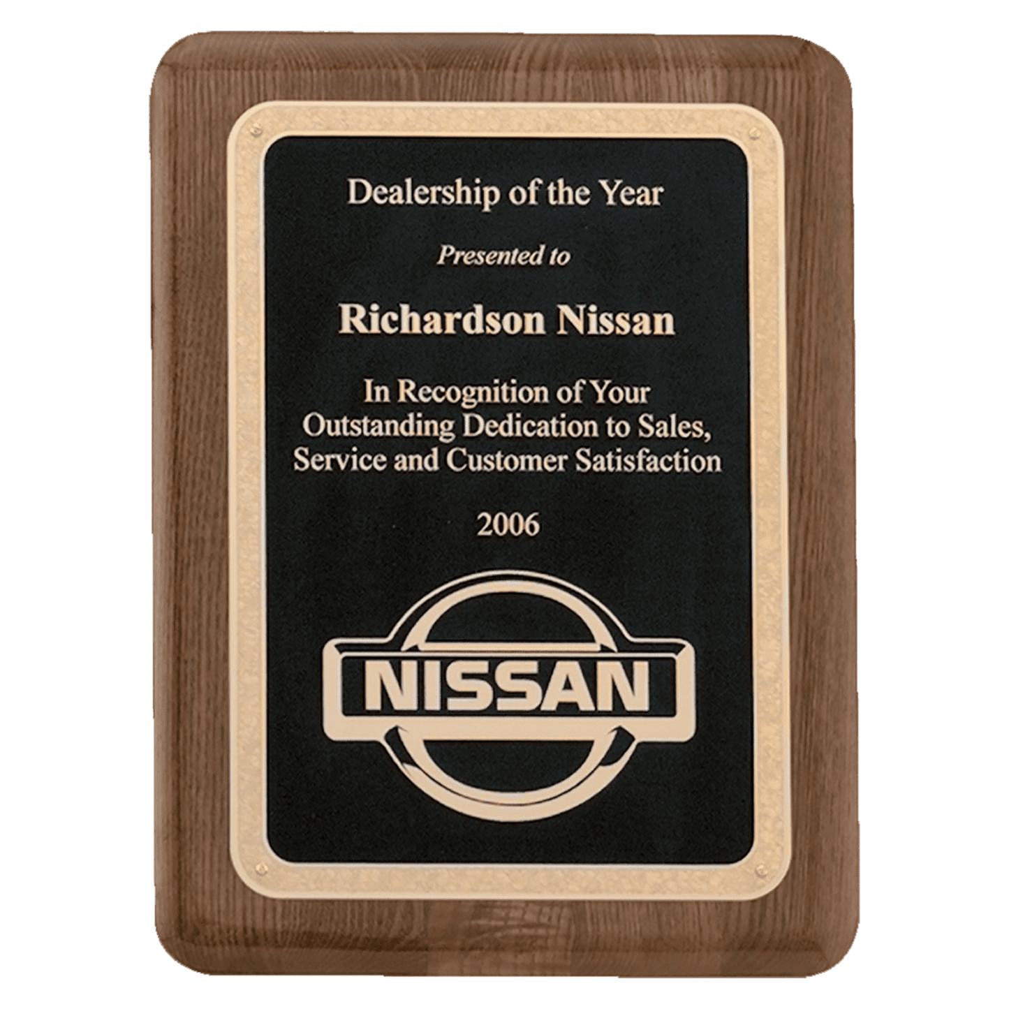 Walnut Piano finished Rounded Corners Plaque with black textured center and florentine border plates. Available in 3 sizes.