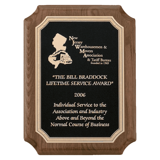 Walnut piano finish Notched corner Plaque with black textured center and florentine border plates. Available in 3 sizes.