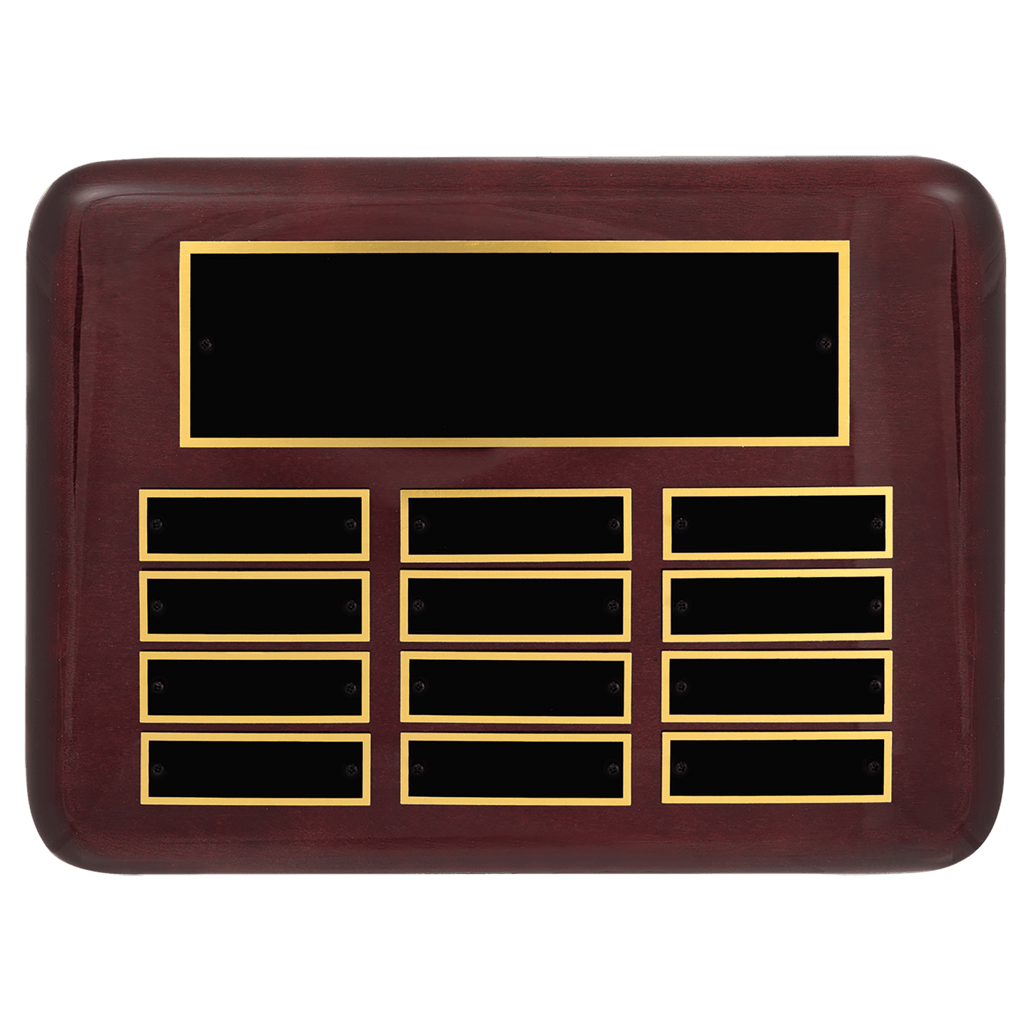 Rosewood Piano finish Perpetual Plaque with 0.875"x2.75" black brass perpetual plates. Available in 9 combinations.