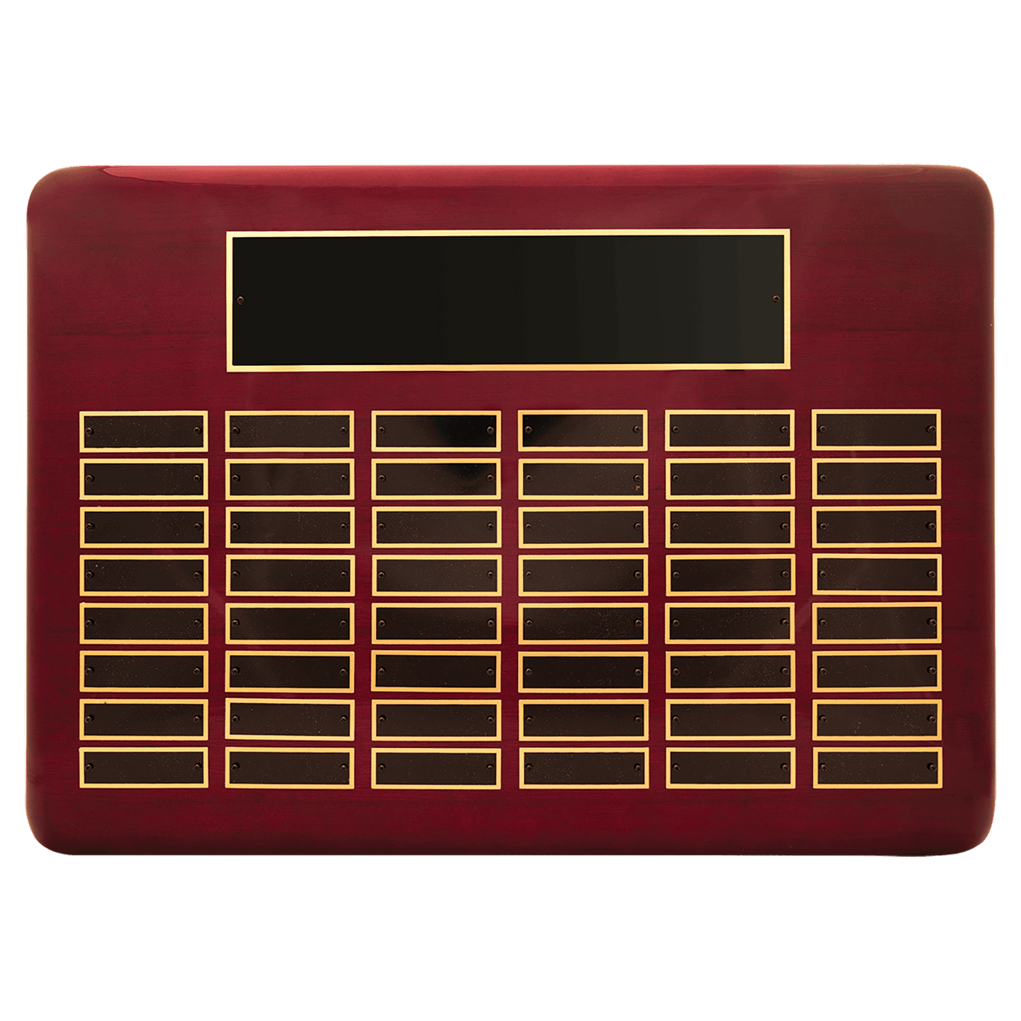 Rosewood Piano finish Perpetual Plaque with 0.875"x2.75" black brass perpetual plates. Available in 9 combinations.