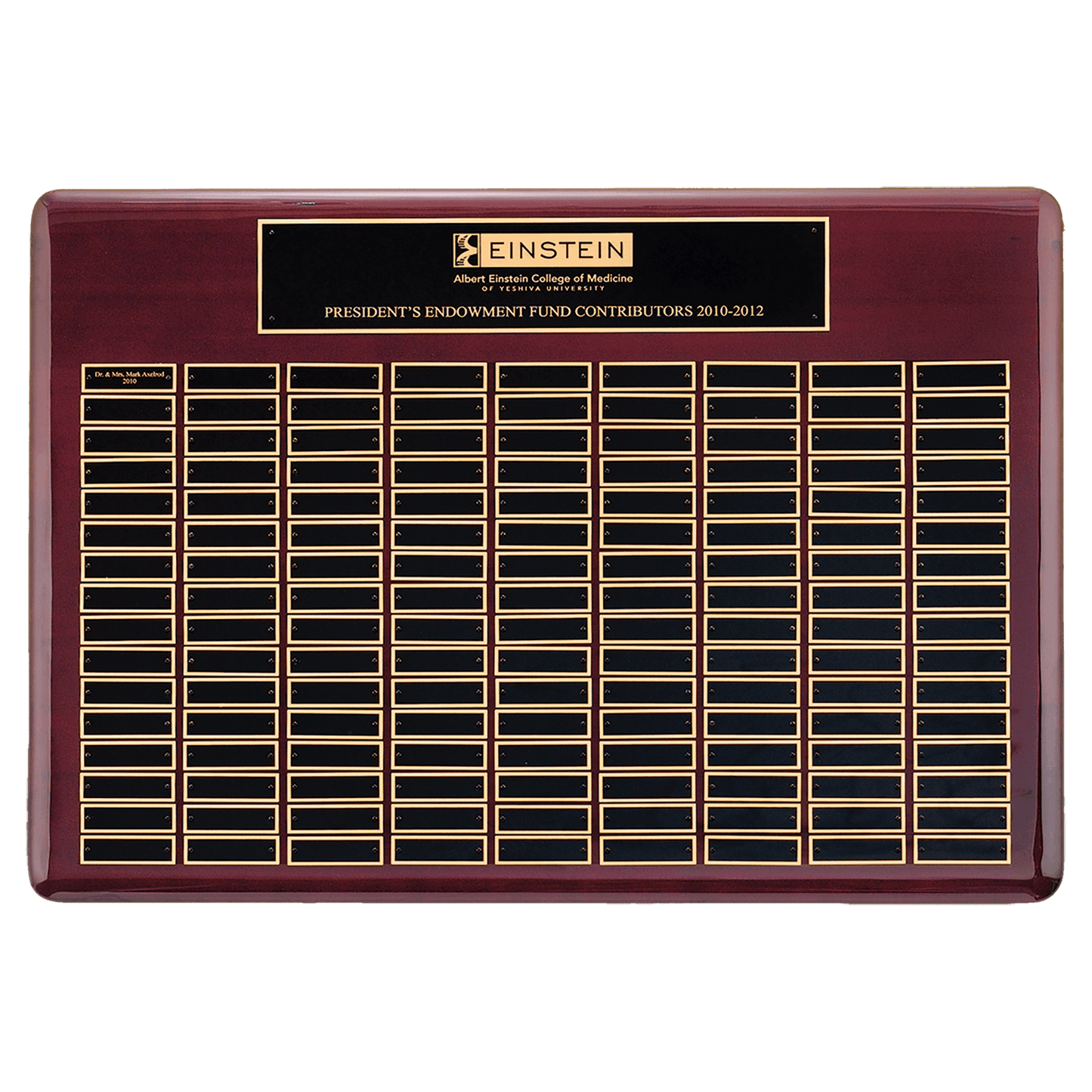 Rosewood Piano finish Perpetual Plaque with 0.875"x2.75" black brass perpetual plates. Available in 9 combinations.