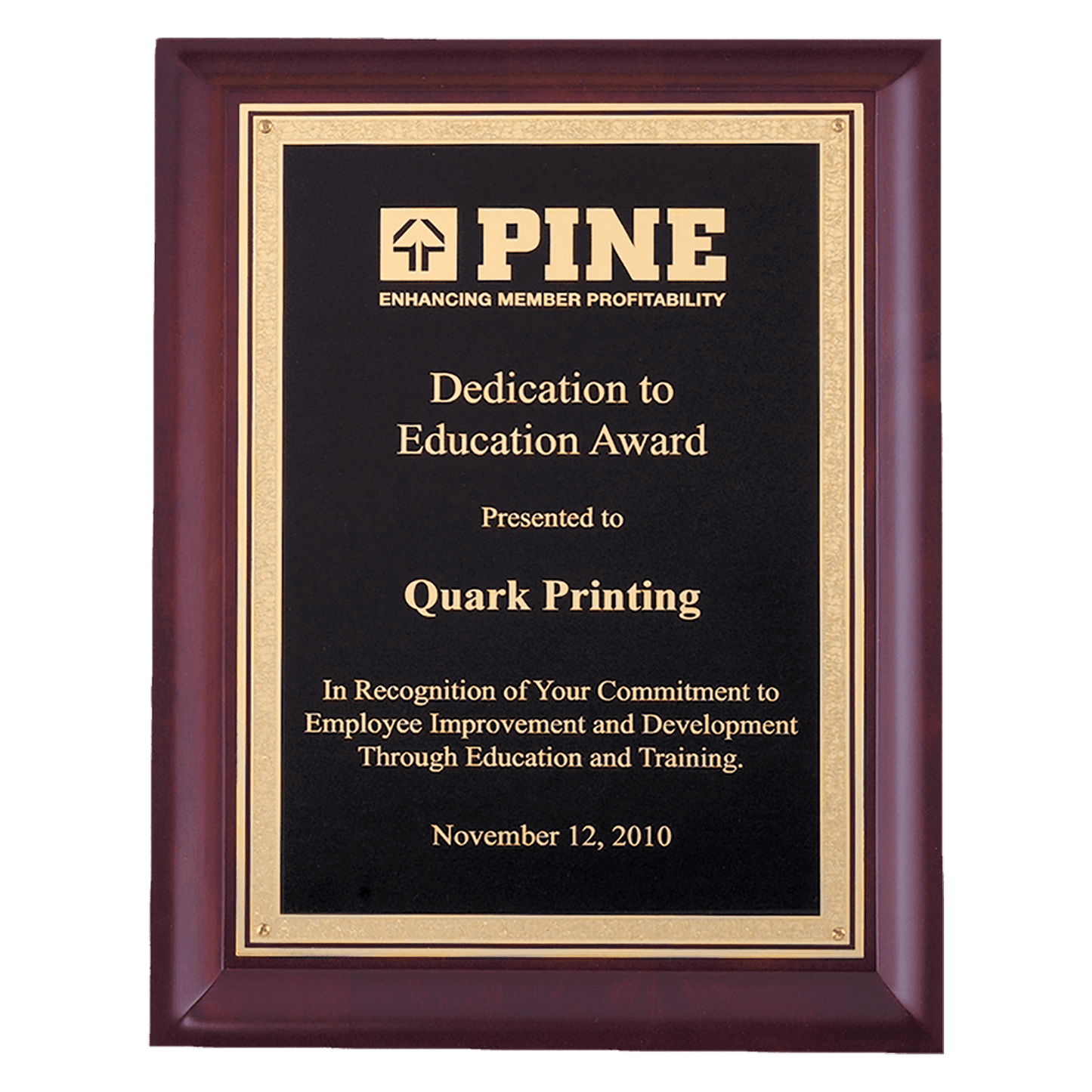 Cherry Finish Plaque, Laser Engravable Gold Florintine border Black brass plate. Available in 3 sizes.