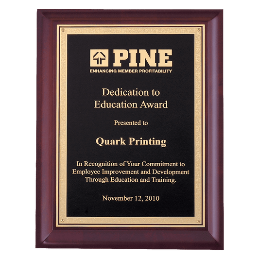 Cherry Finish Plaque, Laser Engravable Gold Florintine border Black brass plate. Available in 3 sizes.
