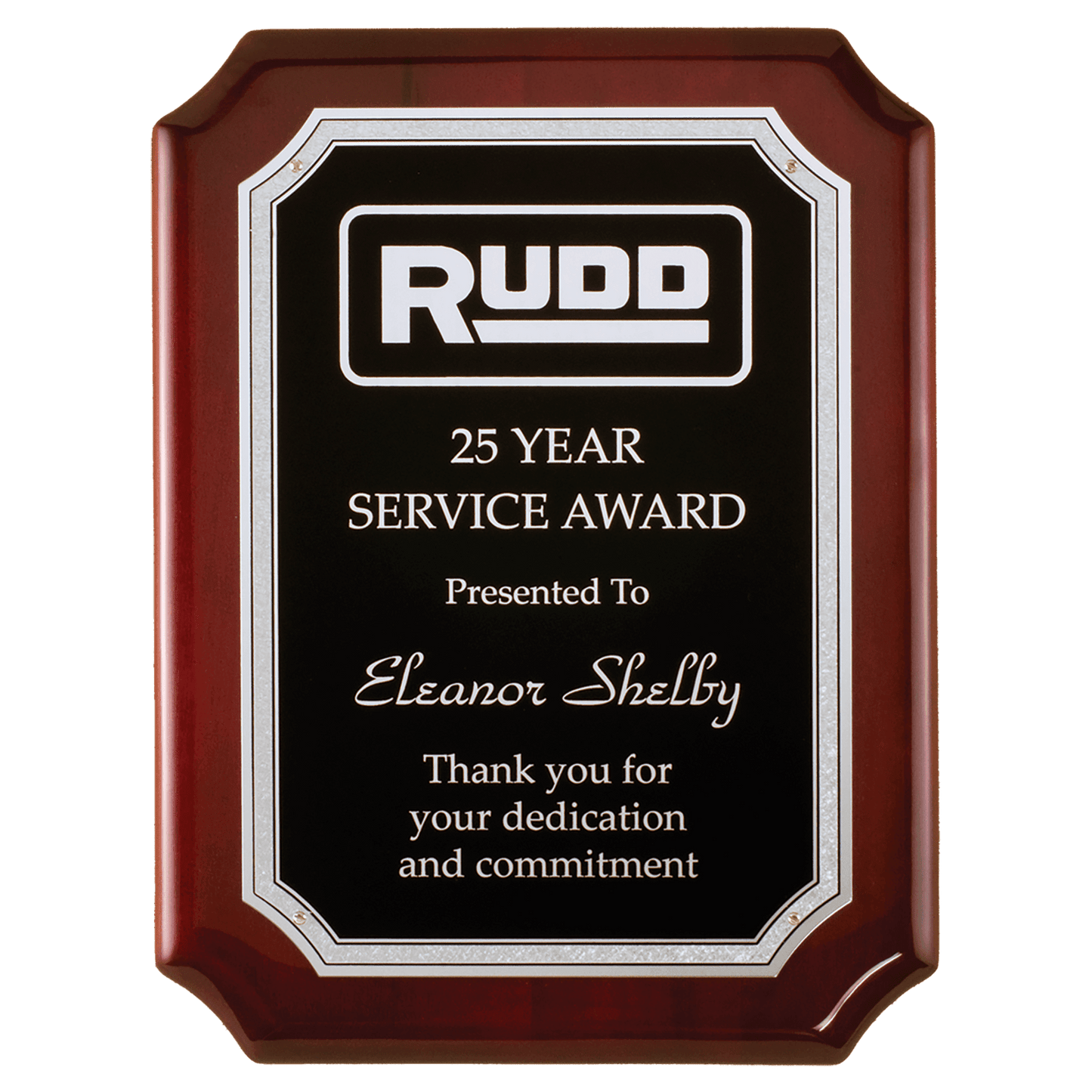 High gloss rosewood finish notch corner plaque with Silver florentine border with textured black center. Available in 3 sizes.