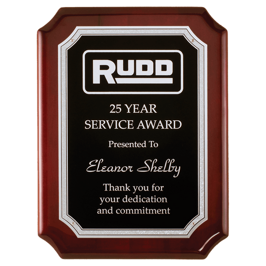 High gloss rosewood finish notch corner plaque with Silver florentine border with textured black center. Available in 3 sizes.