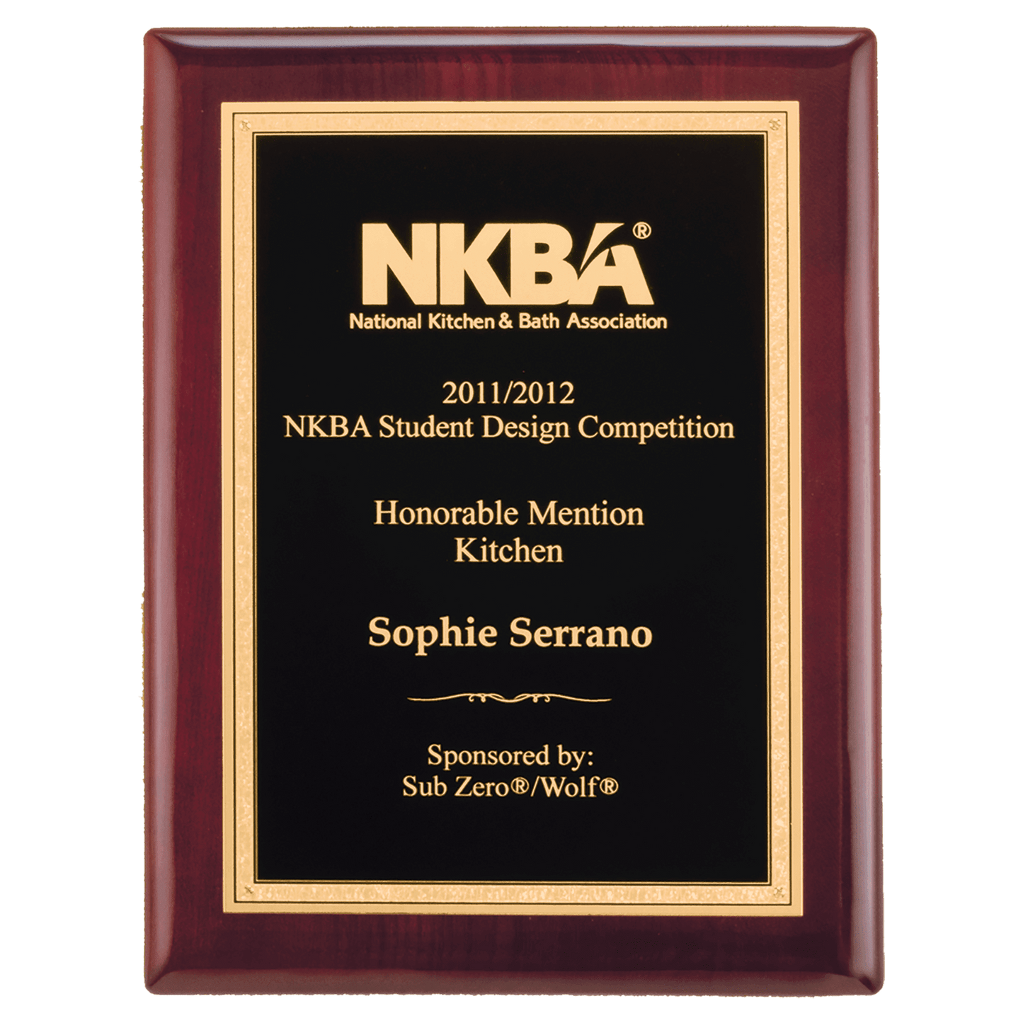 Rosewood piano finish plaque with a gold florentine border with textured black center engraving plate. Available in 4 size.