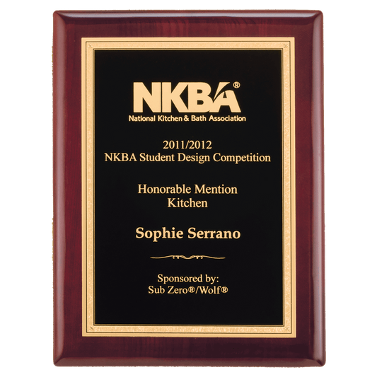 Rosewood piano finish plaque with a gold florentine border with textured black center engraving plate. Available in 4 size.