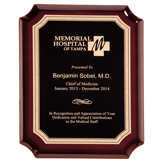 High gloss rosewood finish notch corner plaque with gold florentine border plate.  Available in 4 sizes.