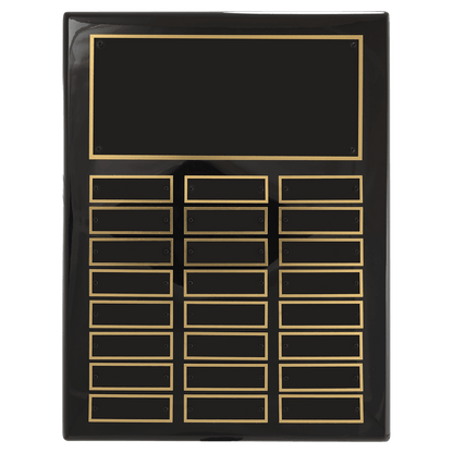 Black stained piano finish perpetual plaque with 2 plate combinations.