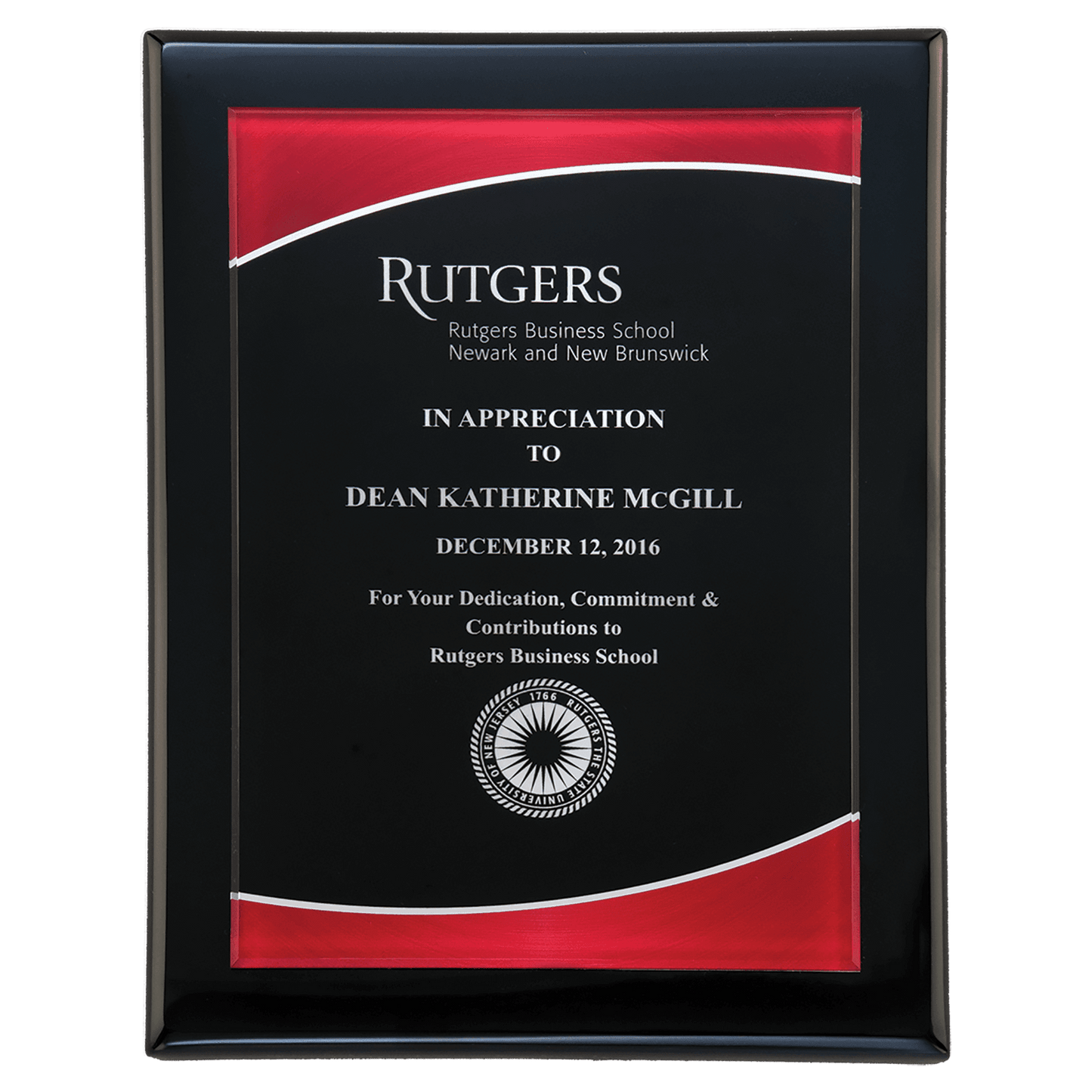 Black piano-finish plaque featuring an acrylic plate with red border. Available in 3 sizes.