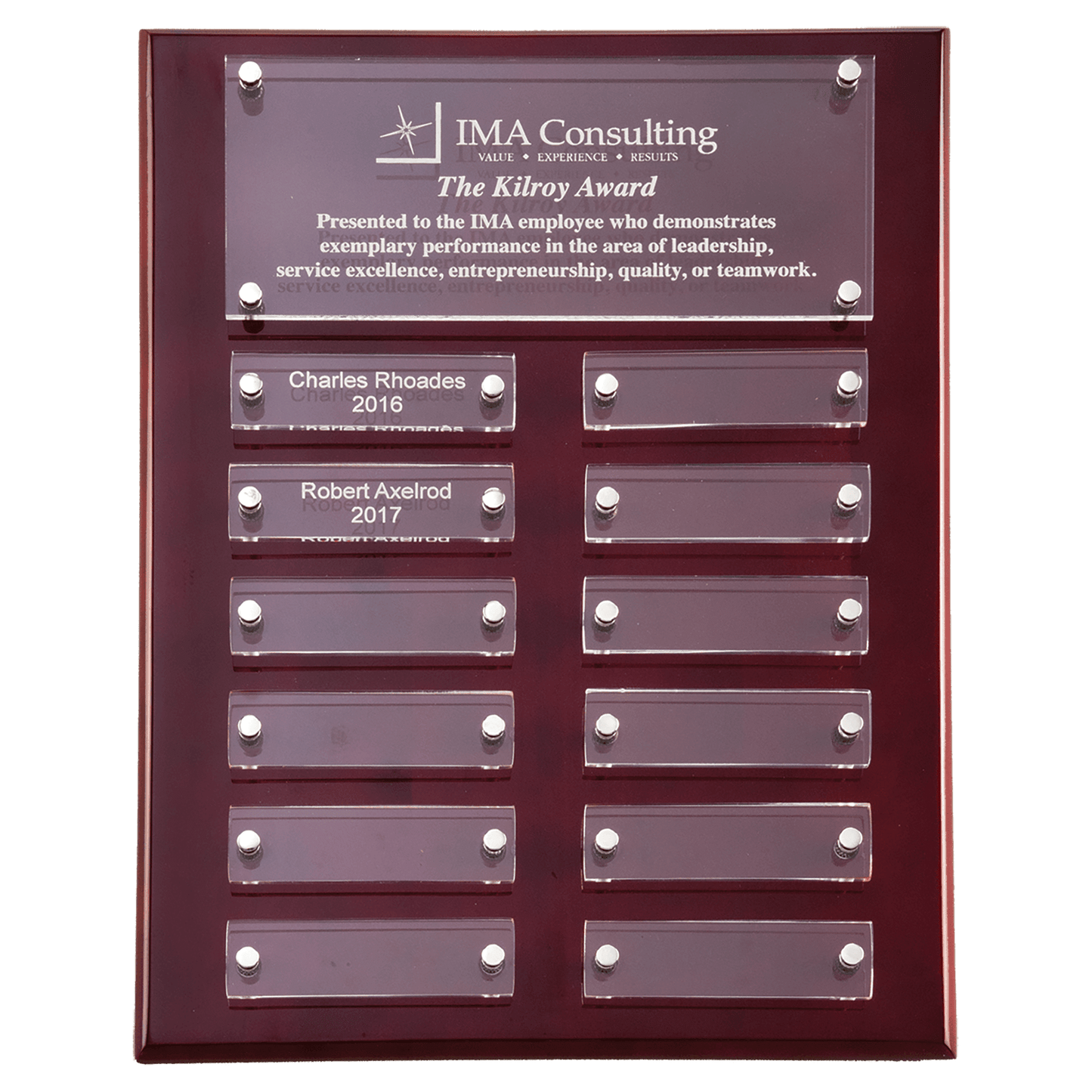 9"x12" Rosewood Plaque with 12 Individual Acrylic Plates, Plate Sizes .875"x2.75"