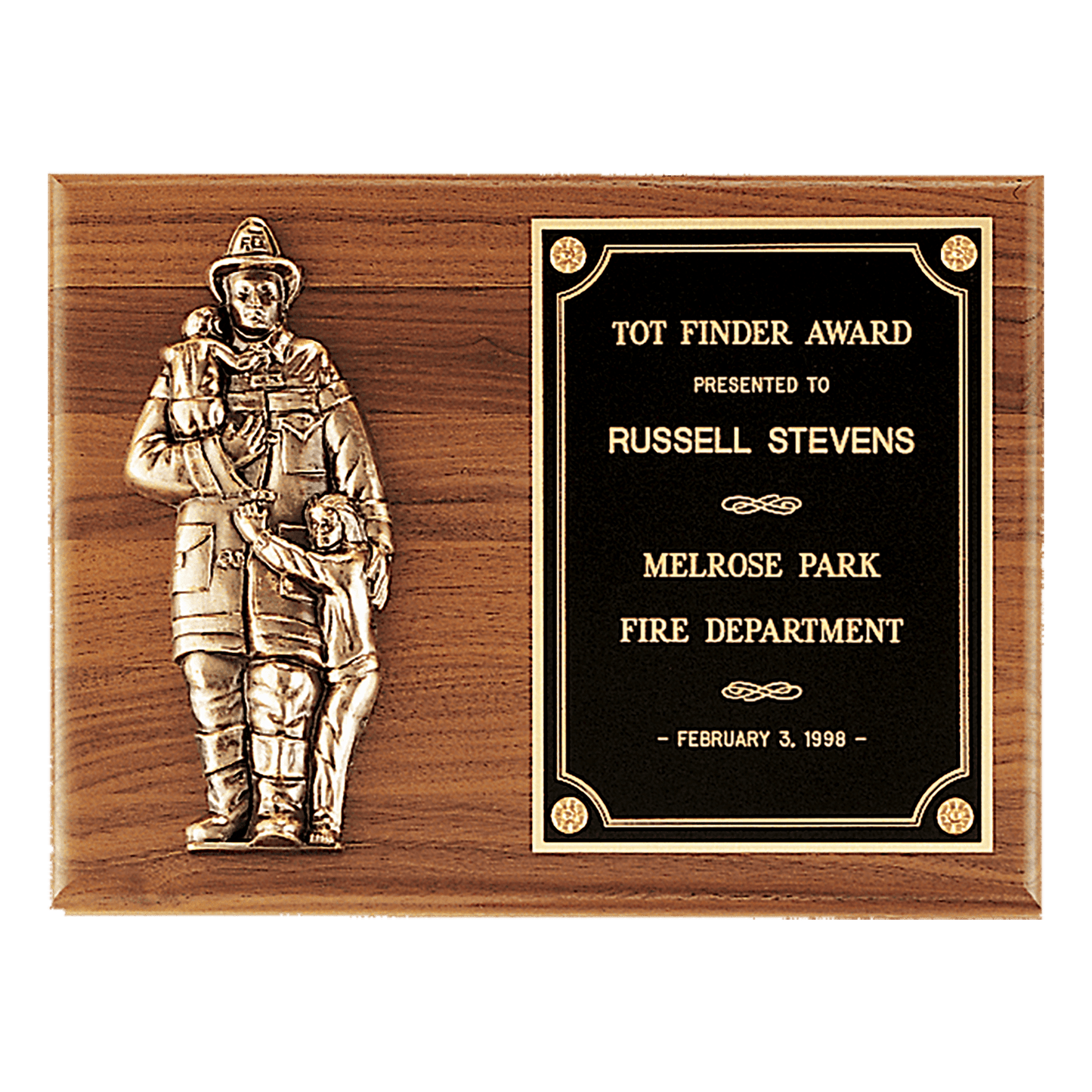 9"x12" Walnut Plaque with Bronze Firefighter & Children Cast, Black Brass Engravable Plate